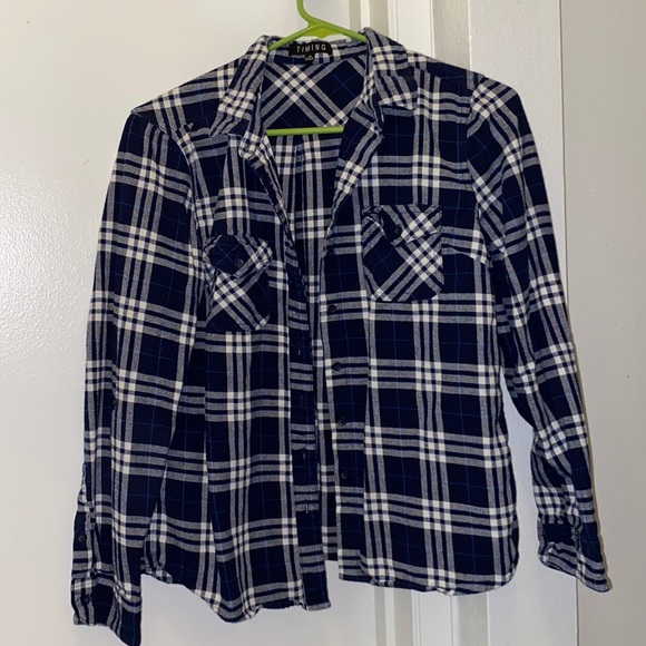 Navy Blue Plaid Long Sleeve TIMING Shirt Woman’s M - Picture 1 of 4